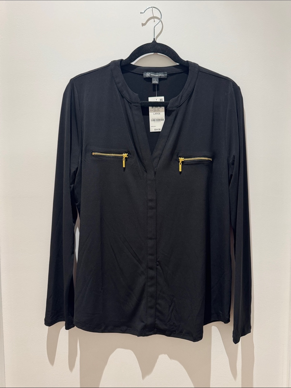 Black Long-Sleeve Blouse with Gold Zippers